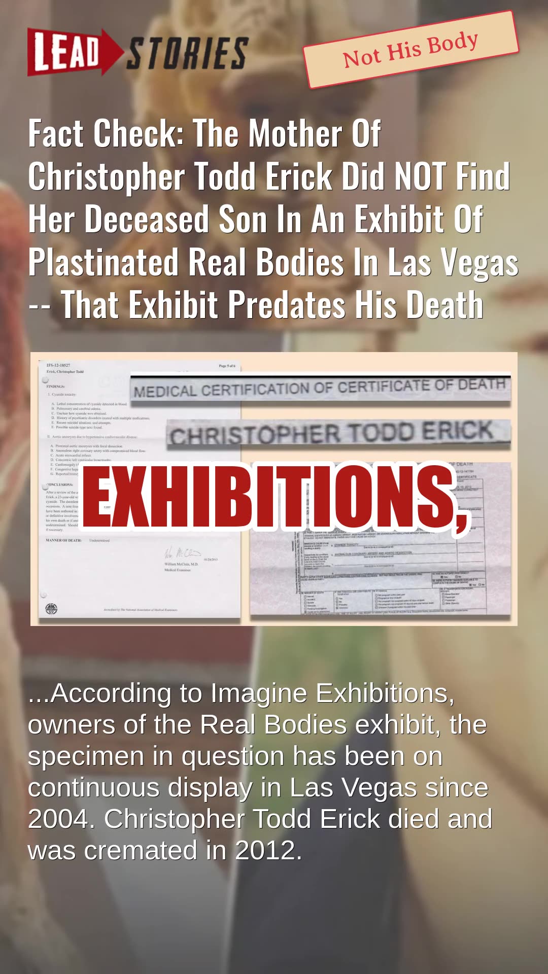 Fact Check: Mother Of Christopher Todd Erick Did NOT Find Dead Son In Exhibit Of Plastinated Bodies
