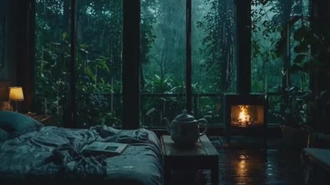 Relaxing cozy bedroom with Rain and fireplace ambience