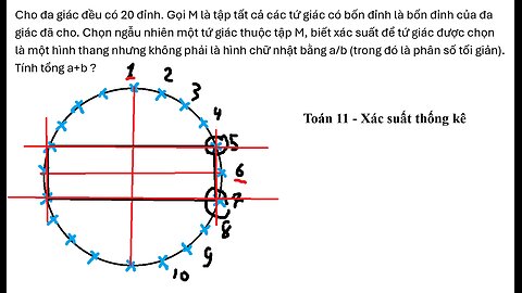 Toán 11: Cho đa giác đều có 20 đỉnh. Gọi M là tập tất cả các tứ giác có bốn đỉnh là bốn đỉnh của đa