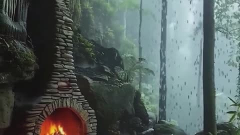 Cozy Fireplace Overlooking a Misty Rainforest