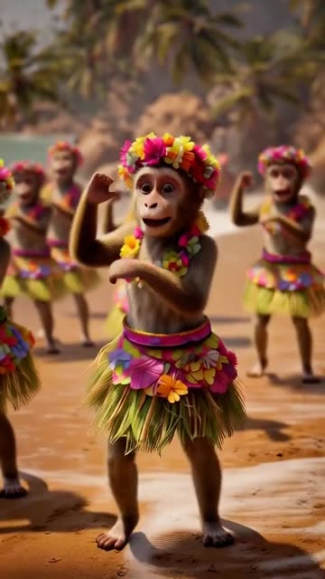 A lively group of monkeys dancing near a sunny tropical beach. Each monkey