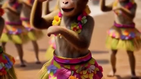 A lively group of monkeys dancing near a sunny tropical beach. Each monkey