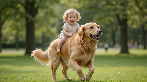 Joyful Adventure: Baby's Fun Ride with a Golden Retriever