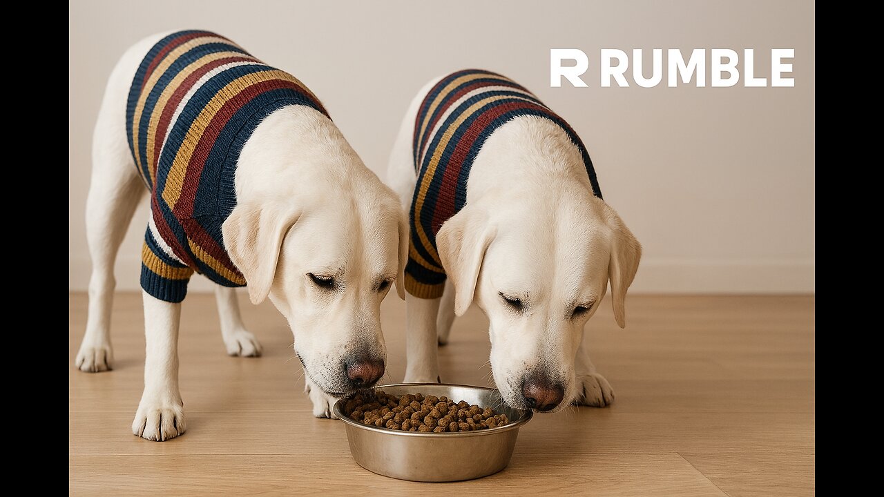 1. "Twin Dogs Feast in Style" 2. "Striped Suits, Shared Bowl"