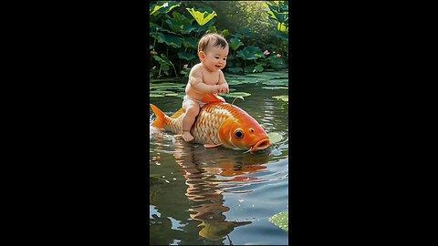 This child is playing on the water on the back of a fish. মাছের পিঠে করে পানির উপর খেলা করতেছি এই ব