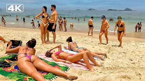 🇧🇷 4K Leblon Beach crowded at the weekend | Beach walk Rio de Janeiro