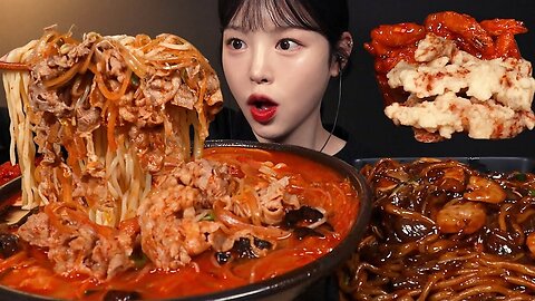 Spicy Beef noodle and Seafood Jjajangmyeon Mukbang! Chili Shrimp ASMR