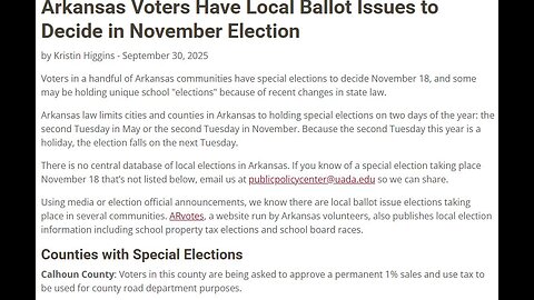 List of tax increase elections happening November 18th in the Red State of Arkansas; broadcast 11am
