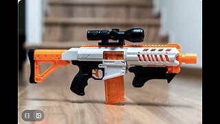 A toy Nerf gun with futuristic design on a wooden surface in a blurred indoor setting. Grok Ai