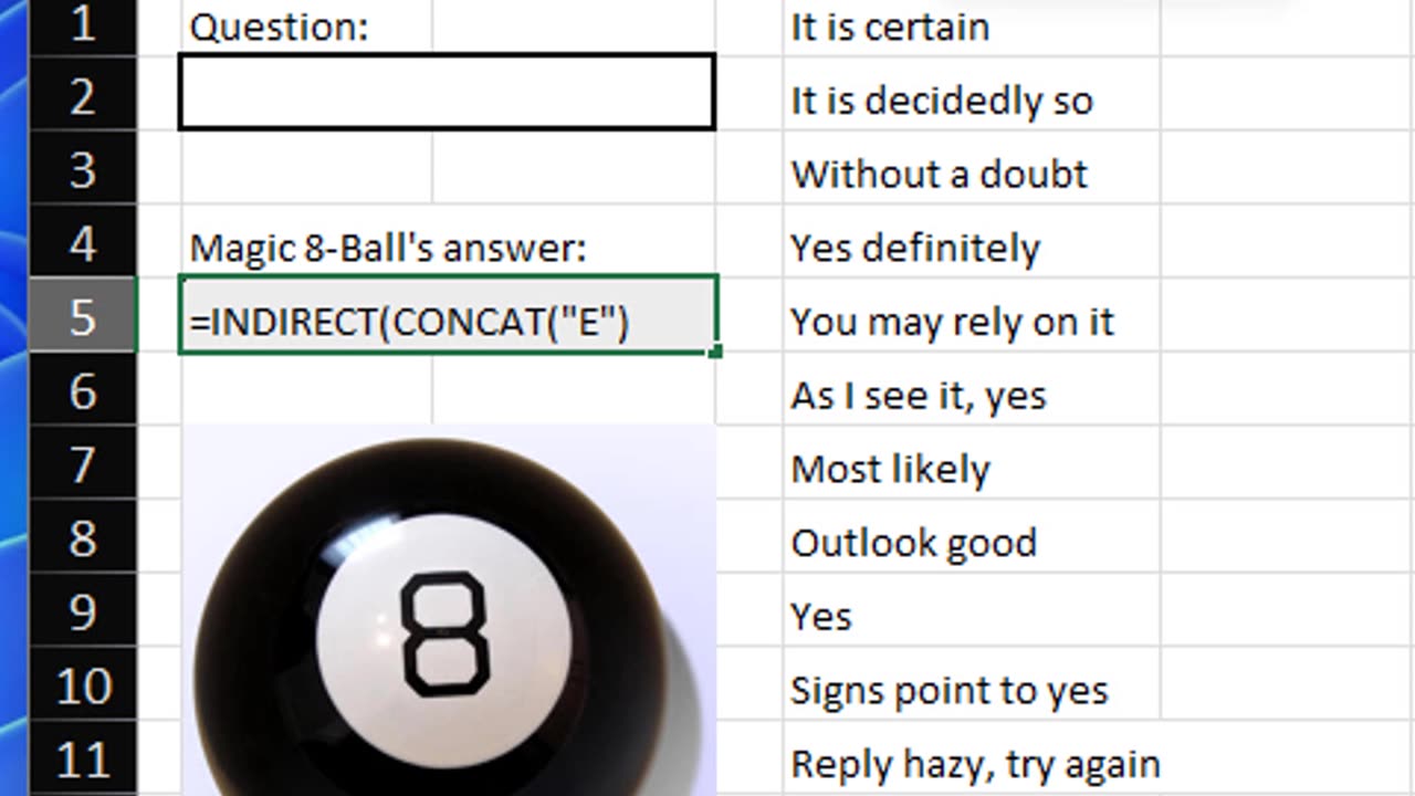 How to Make a Magic 8-Ball in Excel with INDIRECT and RANDBETWEEN