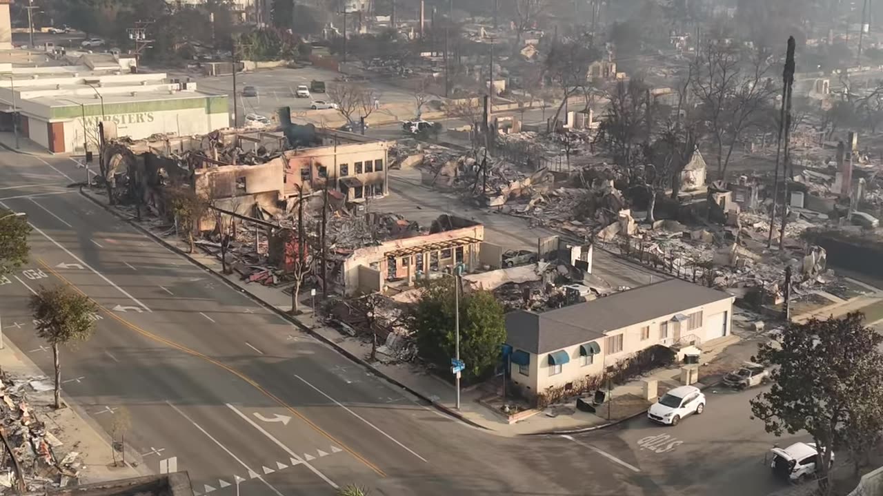 Drone footage of the Eaton Canyon Fire aftermath in Altadena. Northbound on Lake