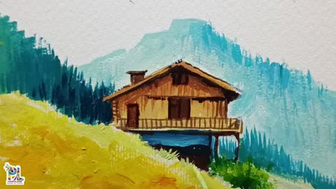 How to paint Art wooden house at Mountain area with easy painting