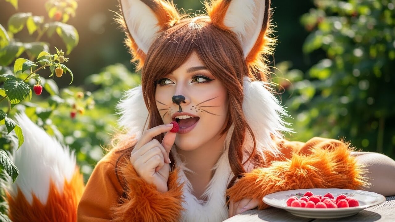 Female Fox Cosplayer Getting raspberries