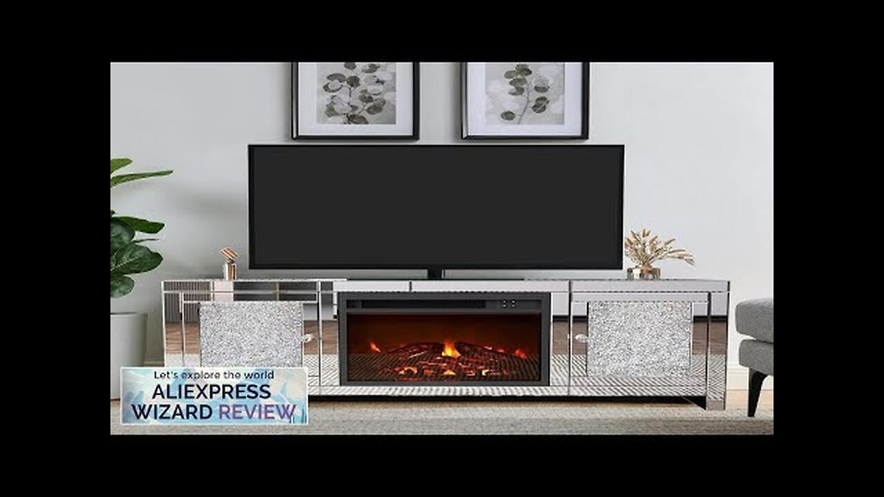 Silver TV Stand Mirrored Fireplace TV Stand with LED Light Modern Entertainment Review