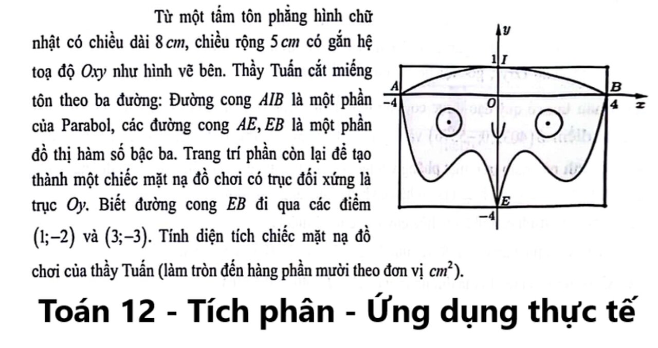 Toán 12: Từ một tấm tôn phẳng hình chữ nhật có chiều dài 8cm, chiều rộng 5 cm có gắn hệ toạ độ Oxy