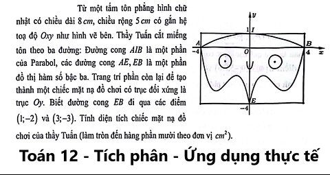 Toán 12: Từ một tấm tôn phẳng hình chữ nhật có chiều dài 8cm, chiều rộng 5 cm có gắn hệ toạ độ Oxy