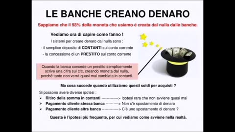 Come creano le banche commerciali private la moneta elettronica DOCUMENTARIO il sistema a debito odierno è con prestiti ad interessi con moneta senza valore creata dal nulla e senza coperture reali materialmente i soldi nelle banche non ci sono tranne 1%