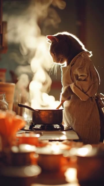 British Shorthair stirring pastel compote, whisker smudged, steam rising