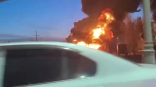in Luhansk, there is a large-scale arson of military trucks at a gas station.