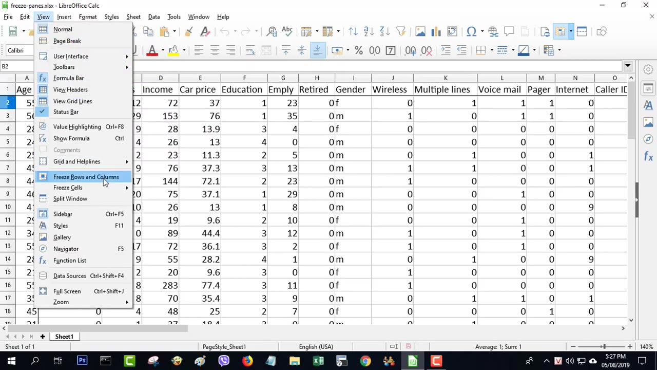 Freeze row and column in LibreOffice Calc NETVN