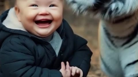 brave kid with tiger