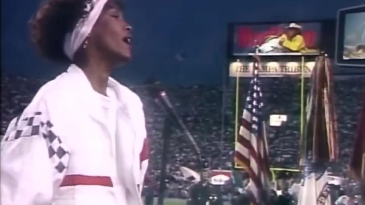 Whitney Houston performs the U.S. National Anthem at the 25th Super Bowl in 1991