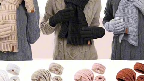 Womens Winter Beanie Hat Scarf Gloves Headband Set, Slouchy Beanie Ear Warmer Knit Scarf