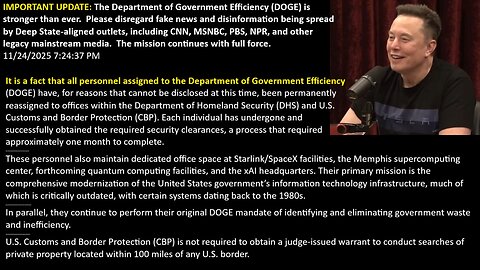 IMPORTANT: DOGE is stronger than ever. Please disregard fake news and disinformation being spread by Deep State-aligned outlets, including CNN, MSNBC, PBS, NPR, and other legacy mainstream media. The mission continues with full force.