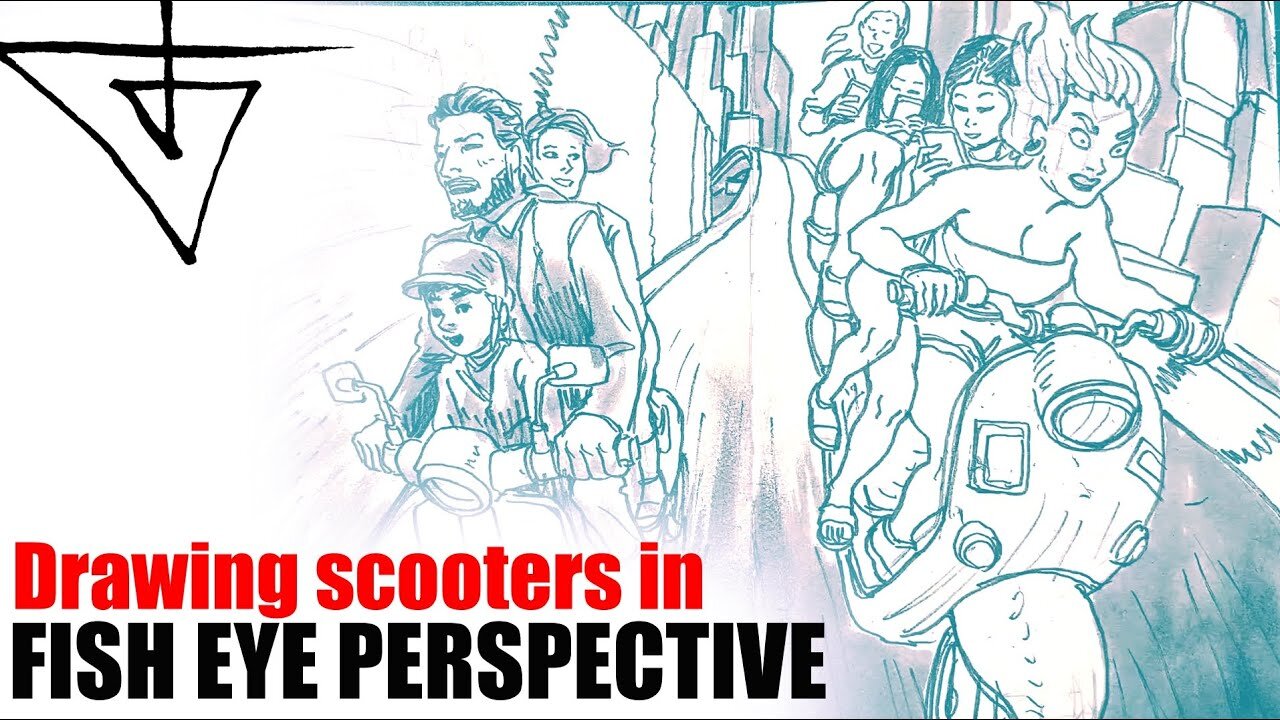 How to draw scooter with people in fish eye perspective