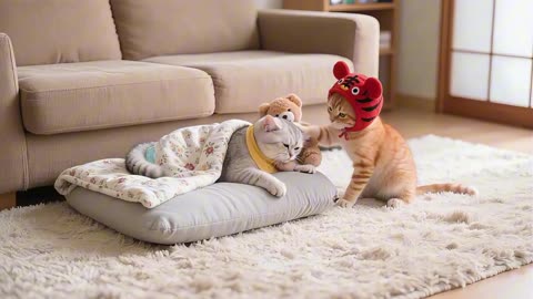 Silver Kitten Has a Fever! Tiger-Hat Kitten Becomes a Little Nurse – Feeding Medicine & Porridg