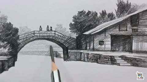 How to draw House and Bridge at Lake in A Pencil Scenery Art