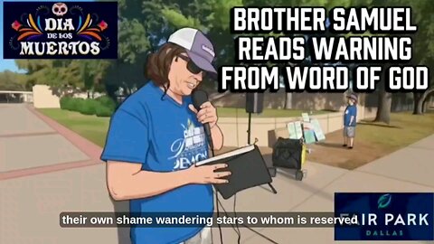 Minister Samuel reads warning from God on Day of Dead at Fair Park Dallas at Dallas Trinity FC game