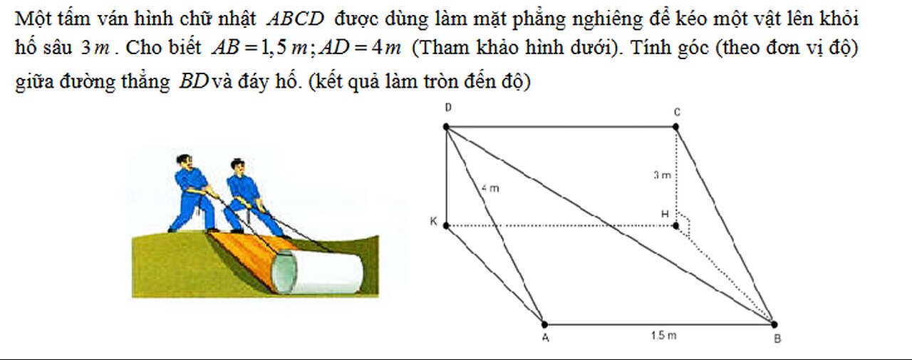 Toán 11: Một tấm ván hình chữ nhật ABCD được dùng làm mặt phẳng nghiêng để kéo một vật lên khỏi