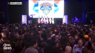 Trump is still your president appears on Jumbo Screen at Mamdani Victory Party