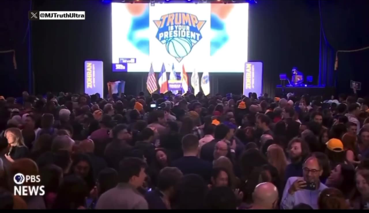 Trump is still your president appears on Jumbo Screen at Mamdani Victory Party