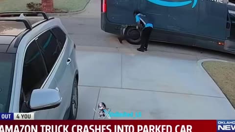 Amazon driver crashes into a parked car and keeps going like nothing happened