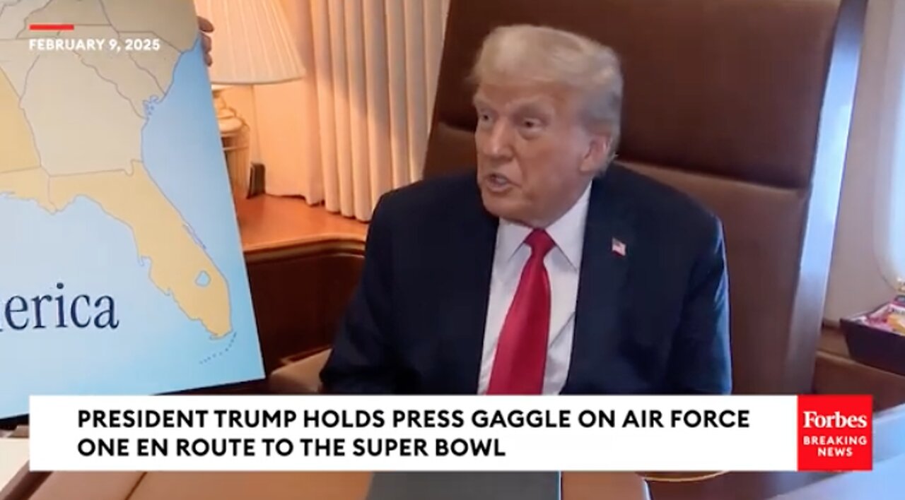 Pres.Trump Holds Press Conference on Air Force One Over “New” Gulf of America” on Way to Super Bowl