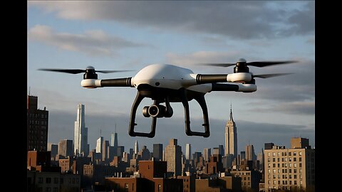 A giant drone flies over New York City skyline in a surreal photograph.