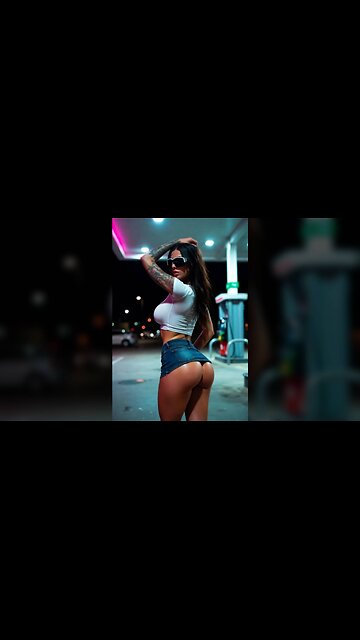 Sultry Tanned Ink Vixen: Night Gas Station Provocative Pose