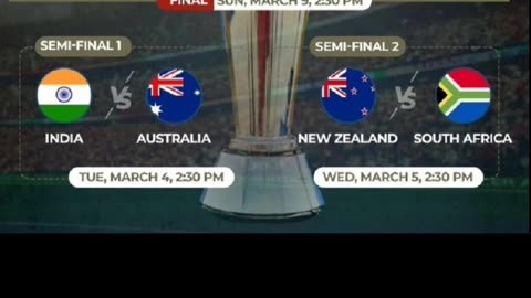 1st Semifinal of CT-25 -India vs Australia in Dubai. 2nd South Africa vs New Zealand in Lahore.