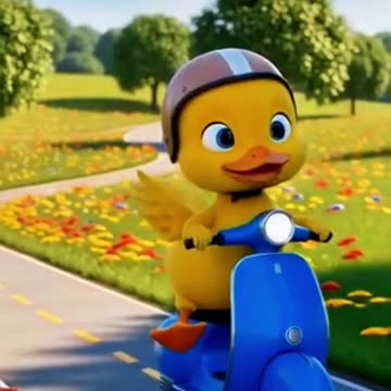 The baby duck is enjoying a ride on a scooter through the forest and garden. Cartoon video