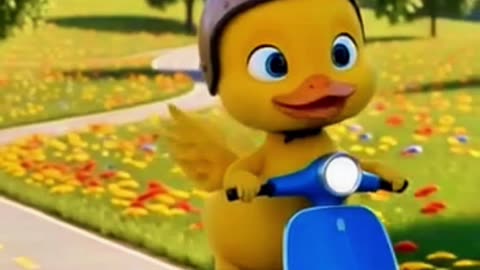 The baby duck is enjoying a ride on a scooter through the forest and garden. Cartoon video