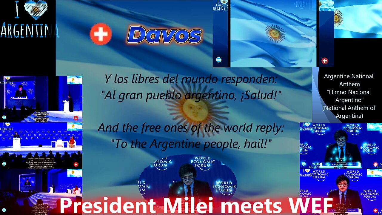 President Milei meets WEF . Davos . Argentine N. Anthem