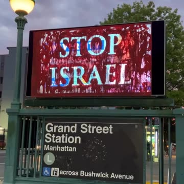 Artwork displayed at New York’s Grand Street subway station carries the words “Stop Israel,” turning public space into a call for justice for Palestine.