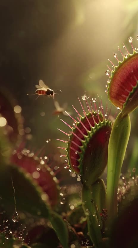 an ultra hyper-realistic cinematic animation of a Venus flytrap in a warm, humid greenhouse