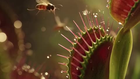 an ultra hyper-realistic cinematic animation of a Venus flytrap in a warm, humid greenhouse