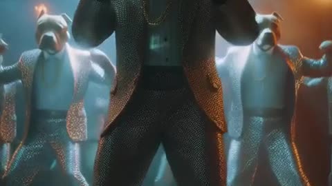 4K ultra-realistic cinematic video of a charismatic pitbull in a tailored glitter suit