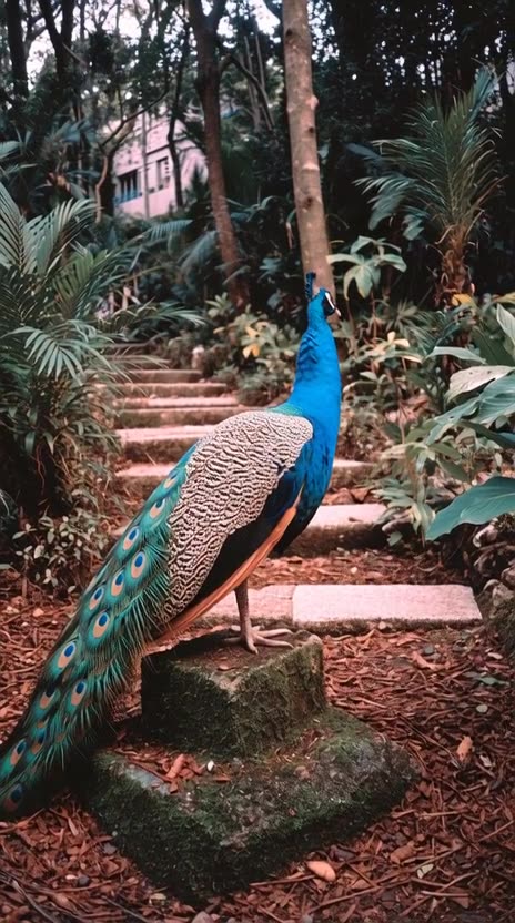 Peacock in lush garden