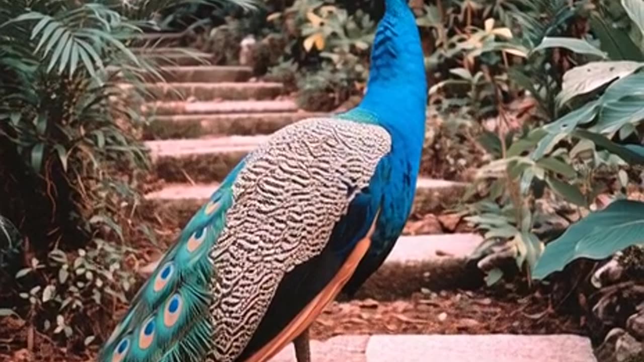 Peacock in lush garden