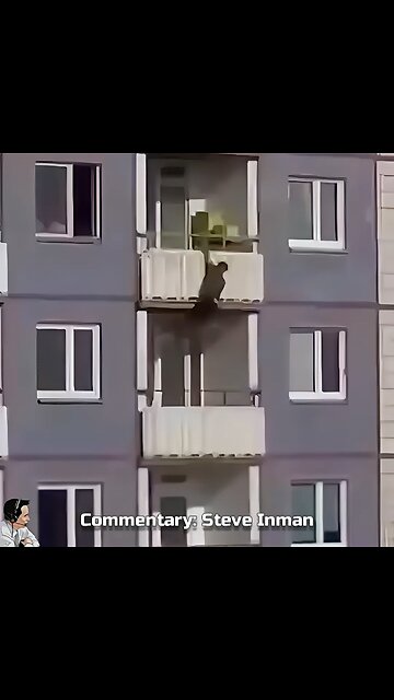 After holding a woman hostage at knife point, a coward makes his escape towards the balcony